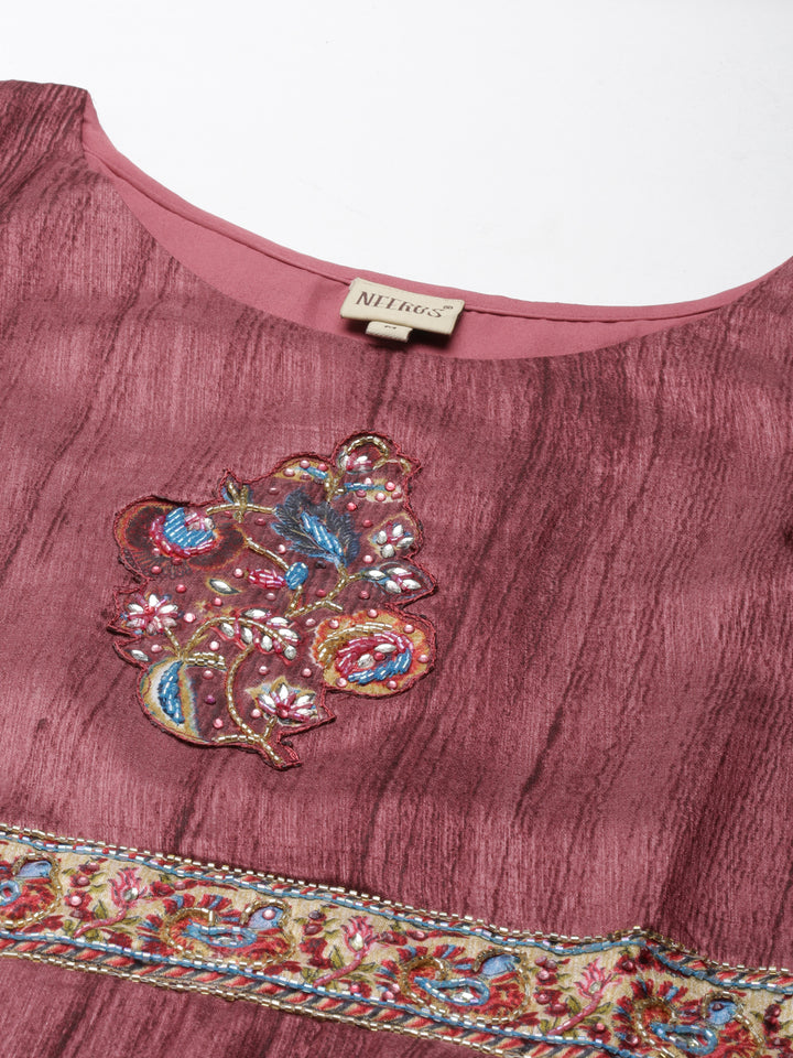 Neerus Pink Curved Casual Embroidered Maxi Dress