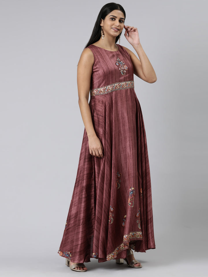 Neerus Pink Curved Casual Embroidered Maxi Dress