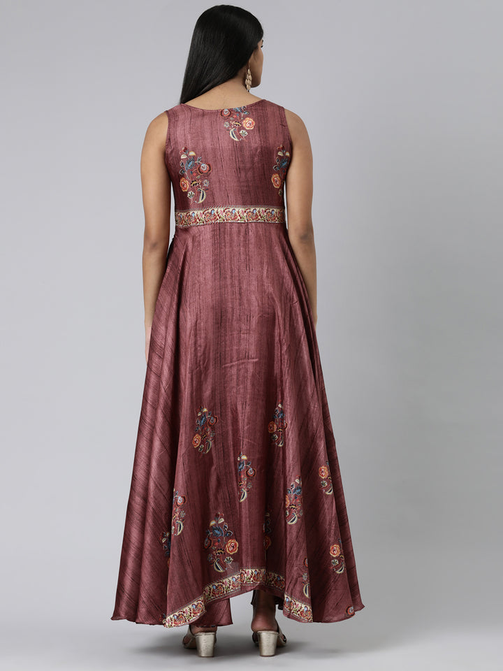 Neerus Pink Curved Casual Embroidered Maxi Dress