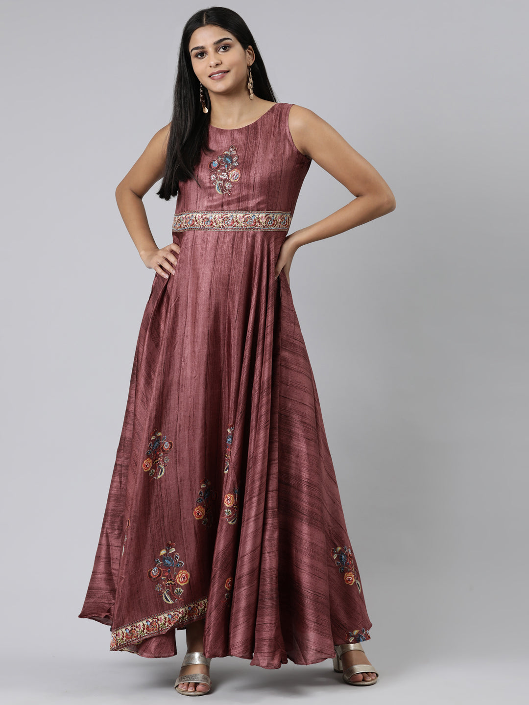 Neerus Pink Curved Casual Embroidered Maxi Dress