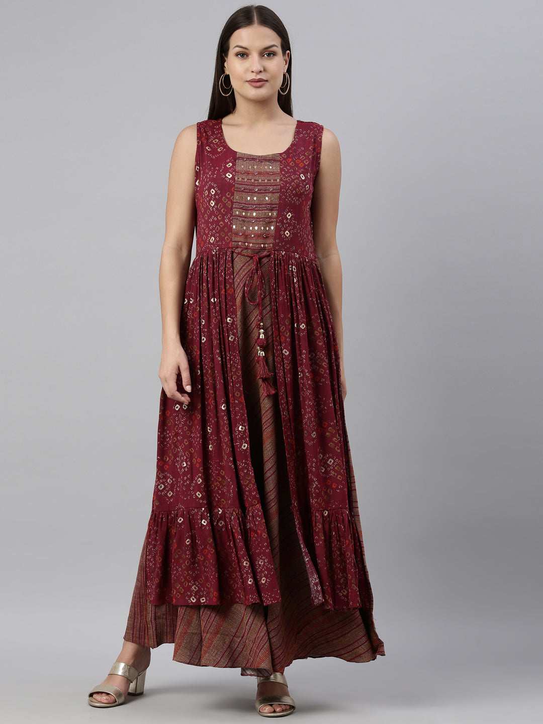 Neerus Maroon rayon solid kurta - front view