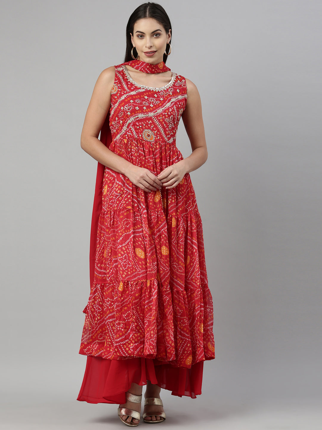 Neerus Red chiffon printed suit set - front view