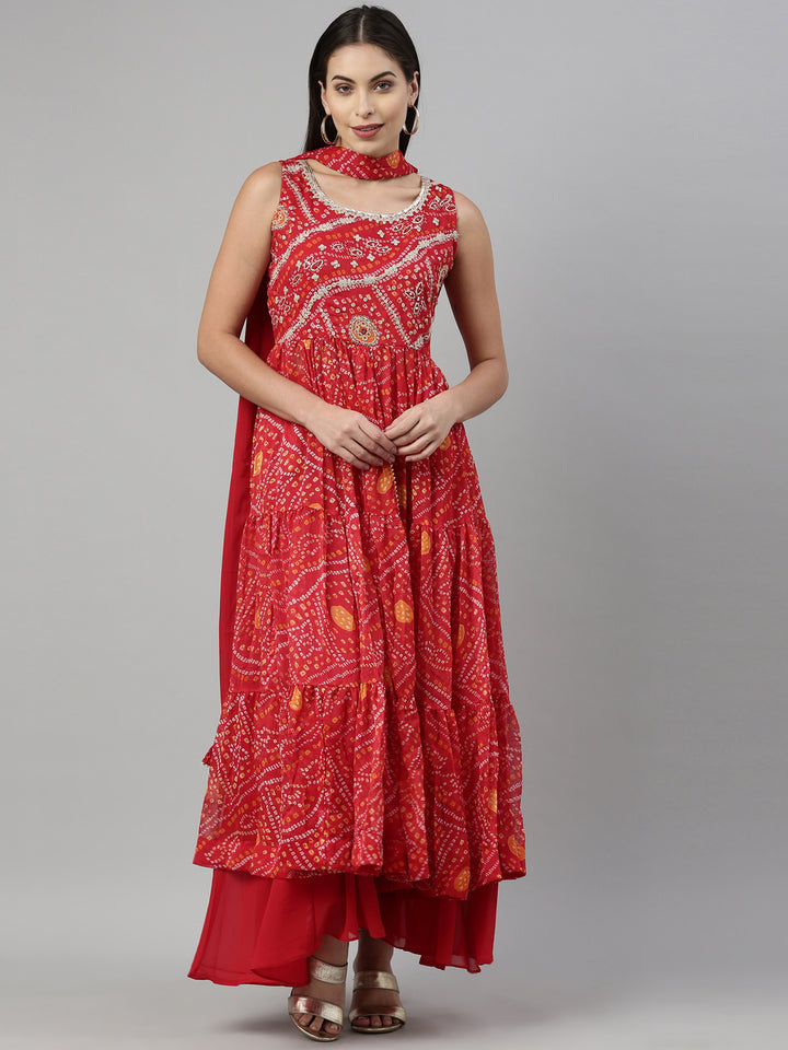 Neerus Red chiffon printed suit set - front view