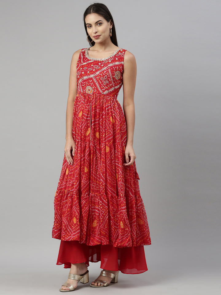 Neerus Red chiffon printed suit set - back view