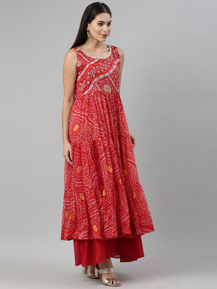 Neerus Red chiffon printed suit set - side view