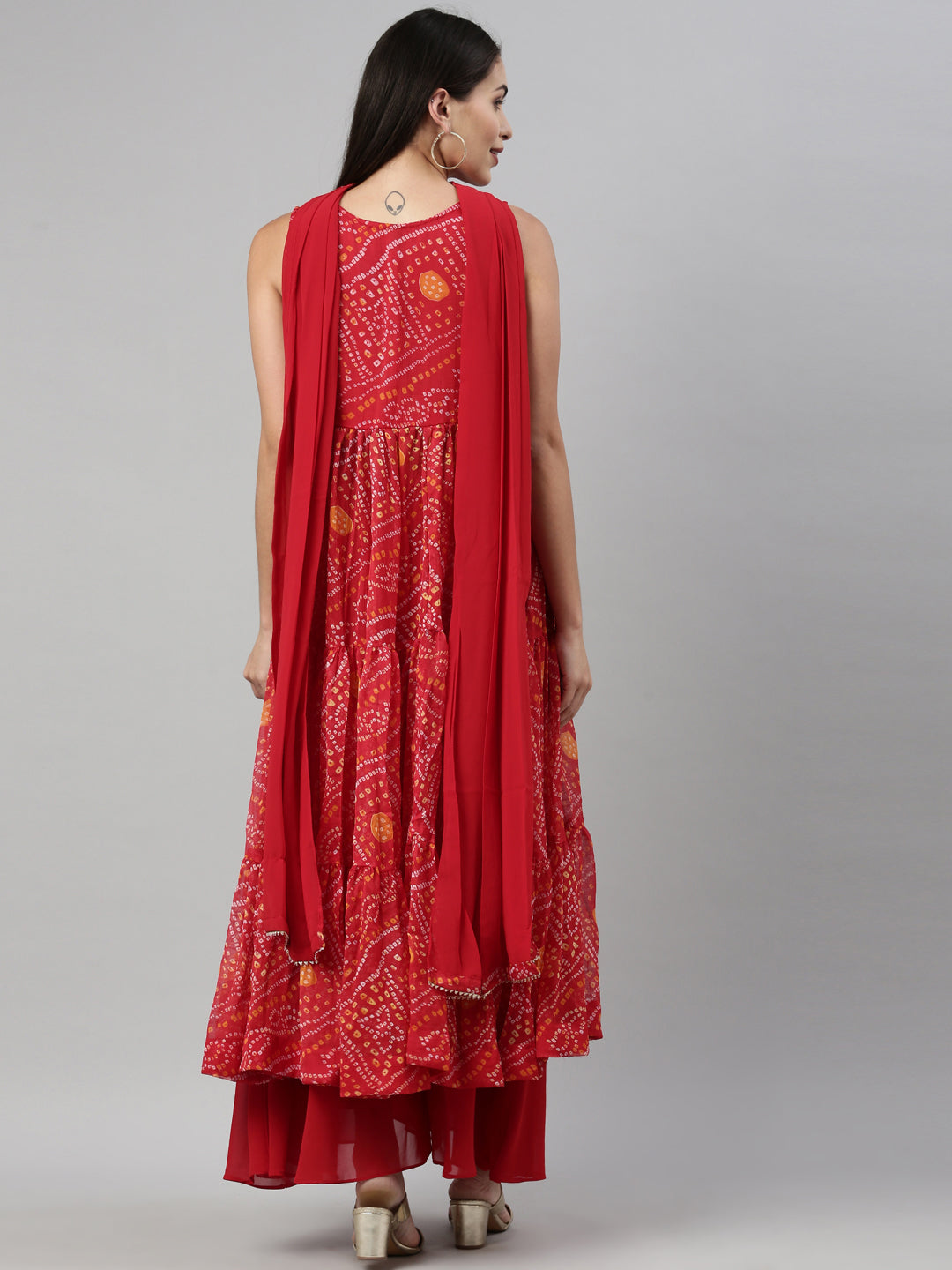 Neerus Red chiffon printed suit set - detail view 1