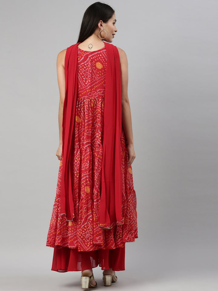 Neerus Red chiffon printed suit set - detail view 1