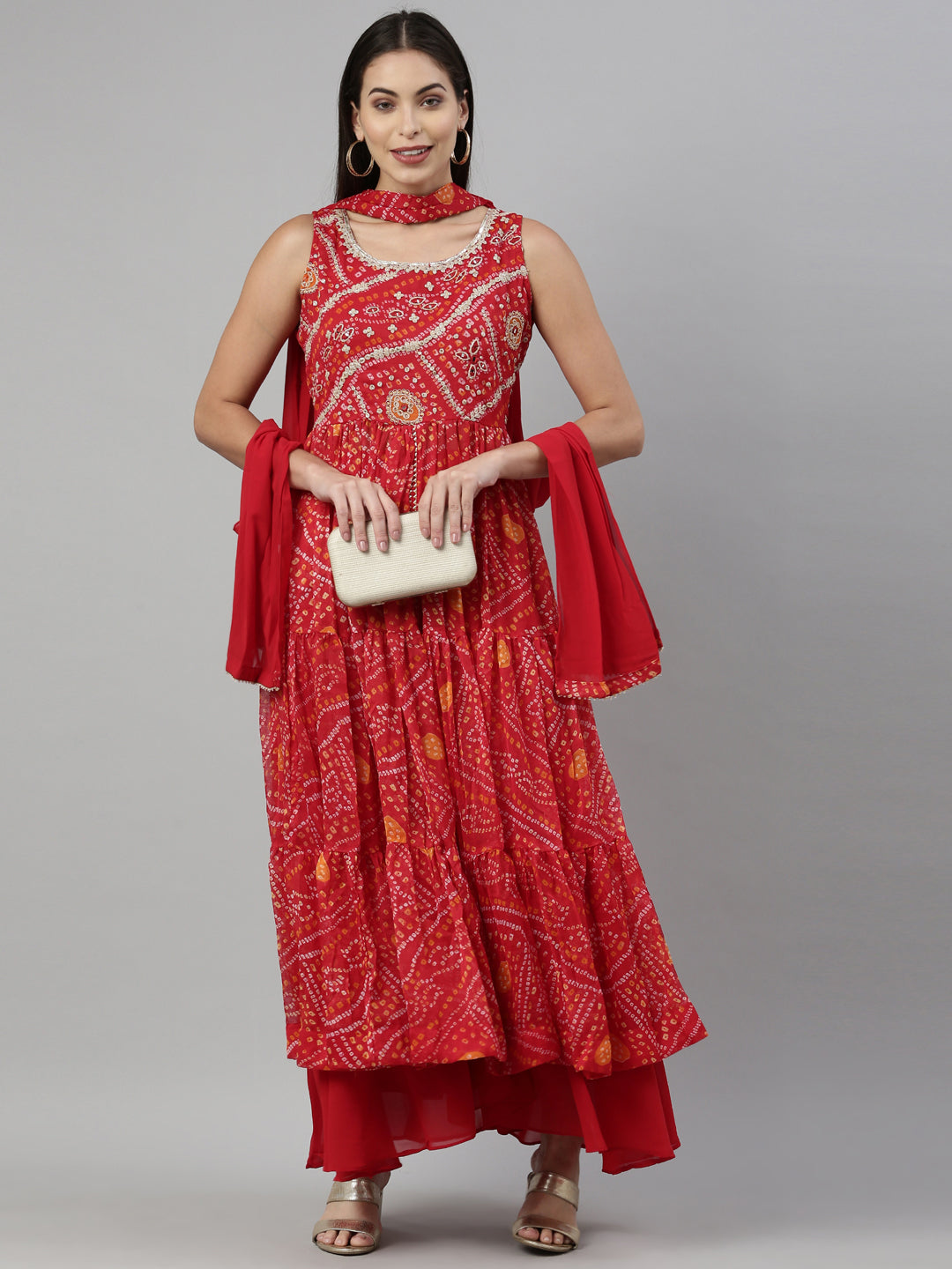 Neerus Red chiffon printed suit set - detail view 2