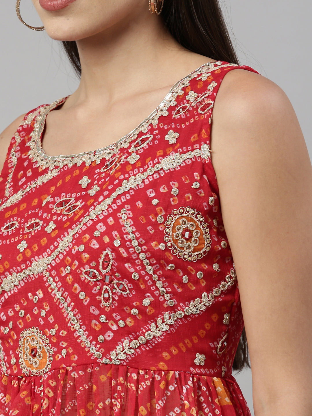 Neerus Red chiffon printed suit set - detail view 3