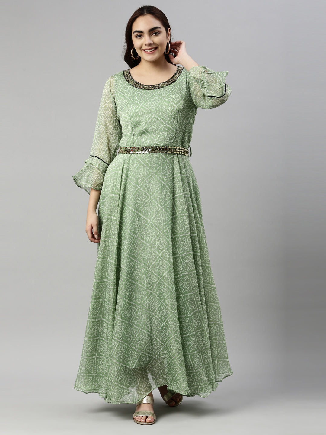 Neerus Green Color Chiffon Fabric Kurta