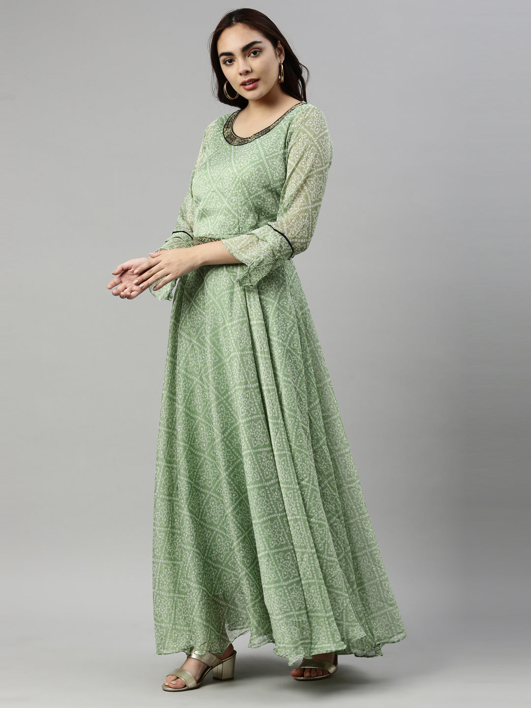 Neerus Green Color Chiffon Fabric Kurta