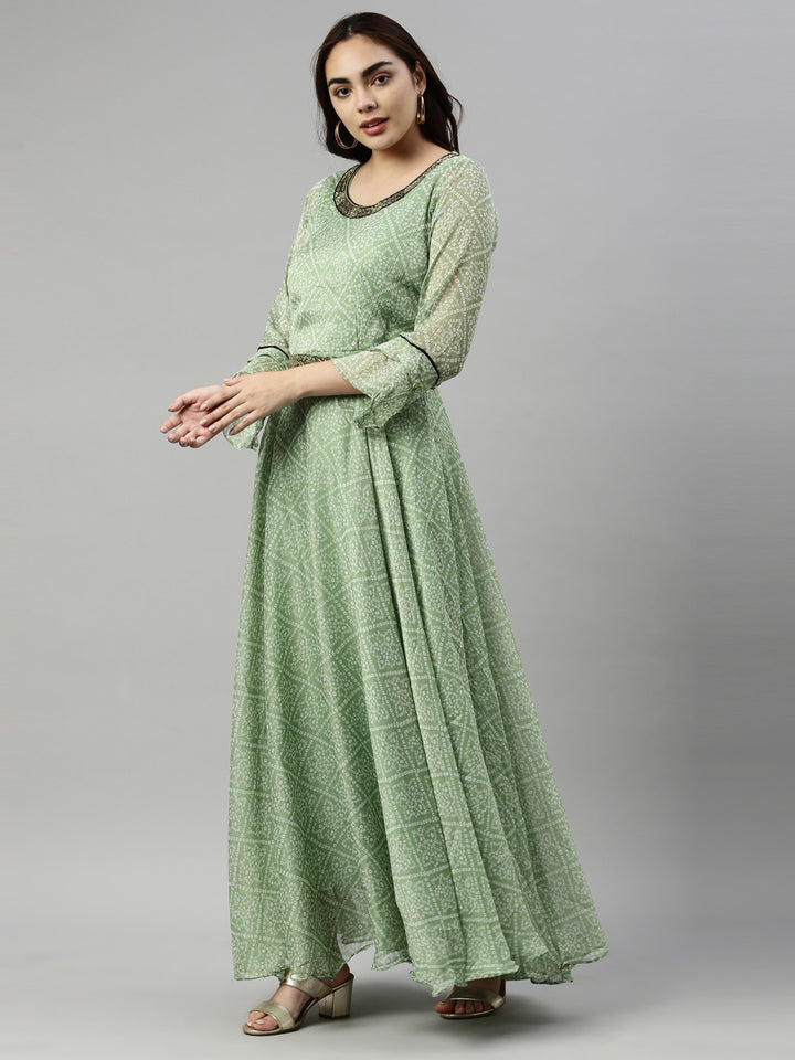 Neerus Green Color Chiffon Fabric Kurta