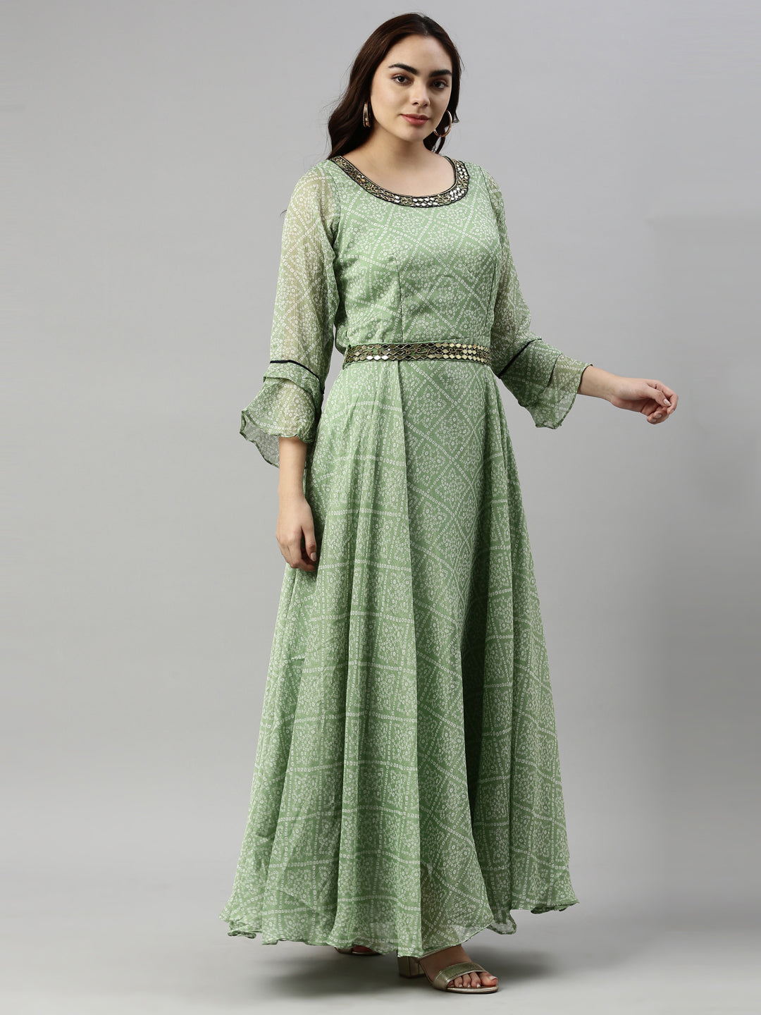 Neerus Green Color Chiffon Fabric Kurta