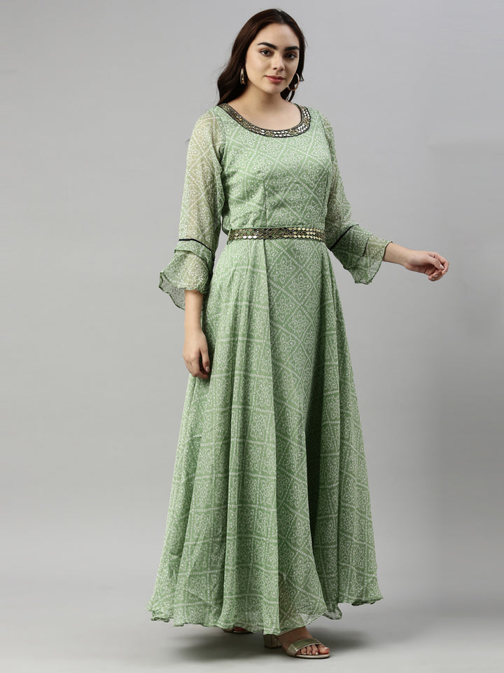 Neerus Green Color Chiffon Fabric Kurta