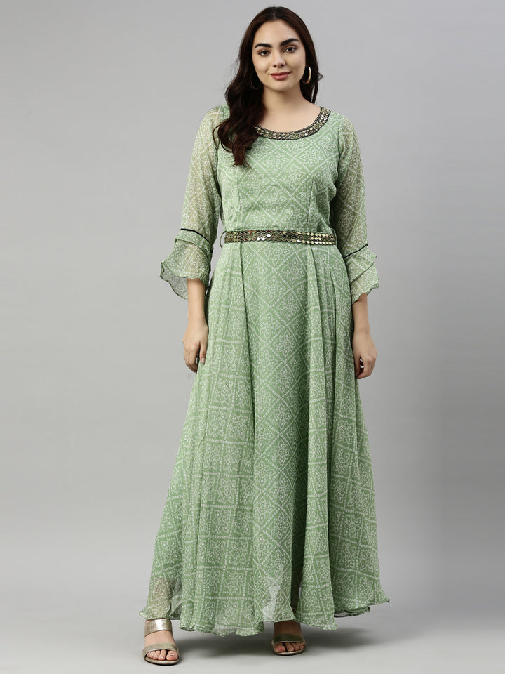 Neerus Green Color Chiffon Fabric Kurta