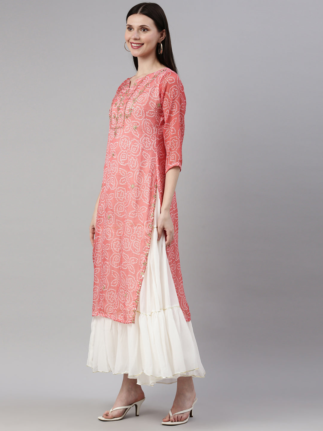 Neerus Orange georgette printed kurti - side view