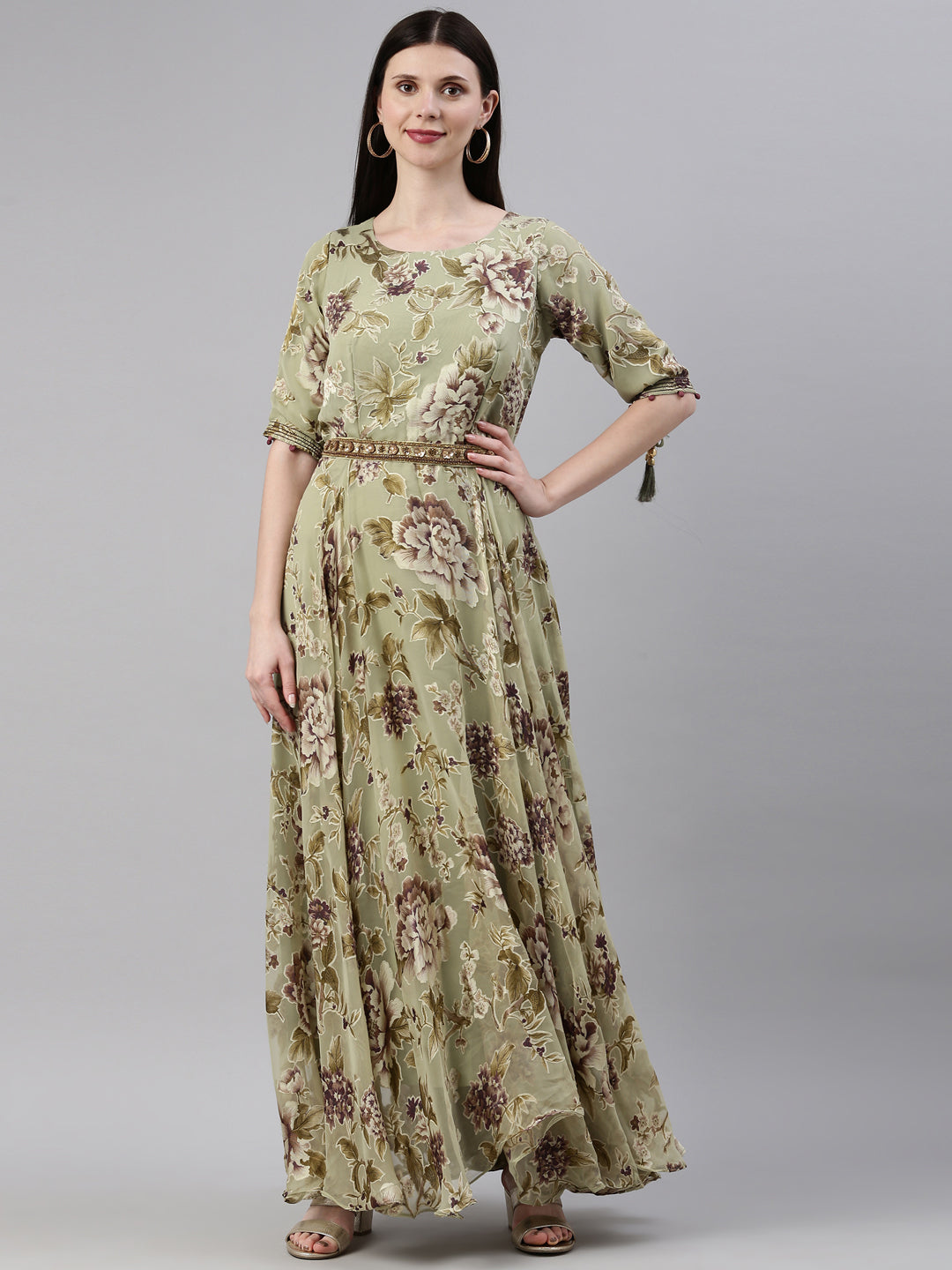 Neerus Green Georgette Maxi Gown - front view