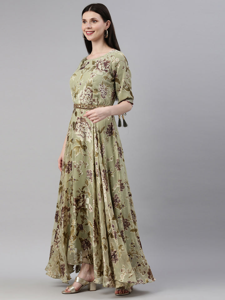 Neerus Green Georgette Maxi Gown - back view