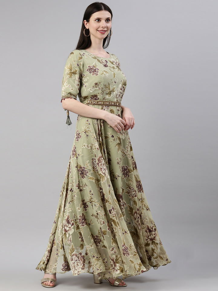 Neerus Green Georgette Maxi Gown - side view