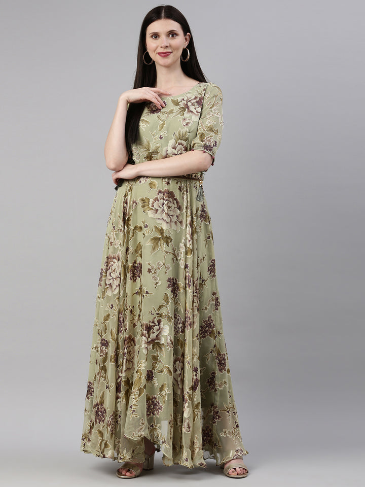Neerus Green Georgette Maxi Gown - detail view 2