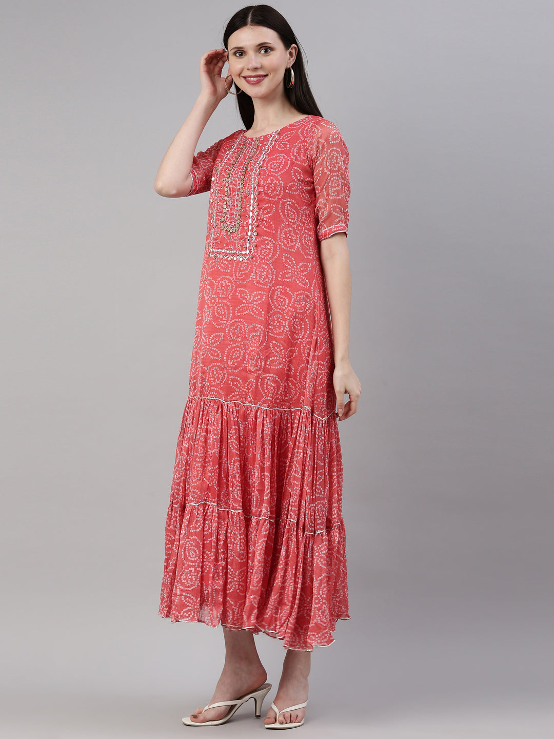 Neerus Carrot Color Georgette Fabric Kurta