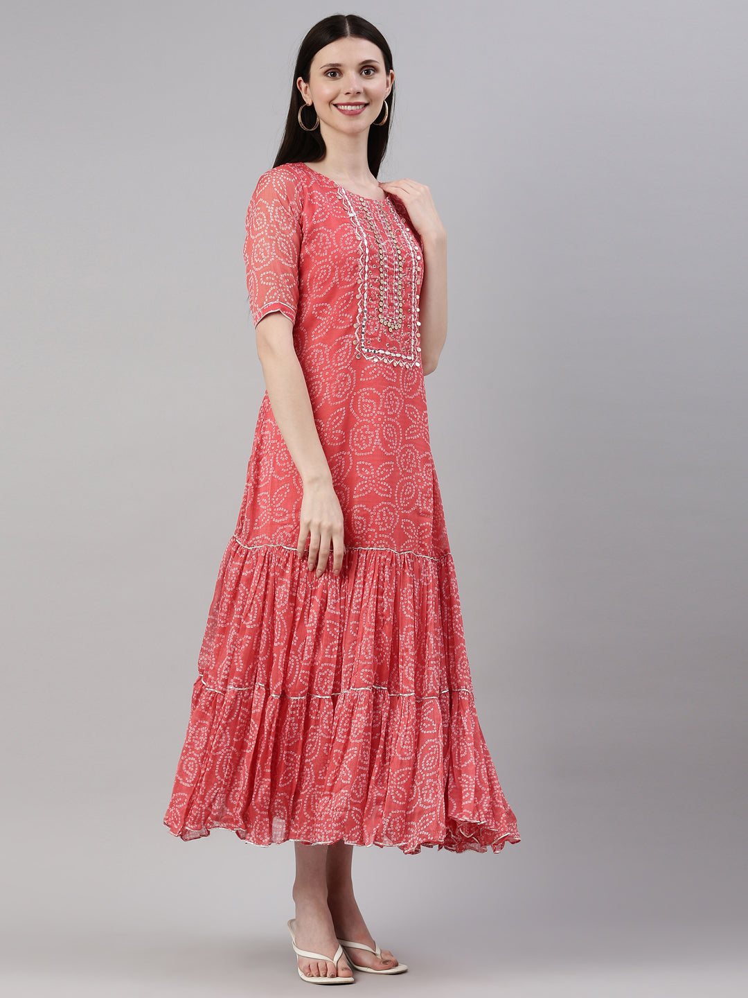 Neerus Carrot Color Georgette Fabric Kurta