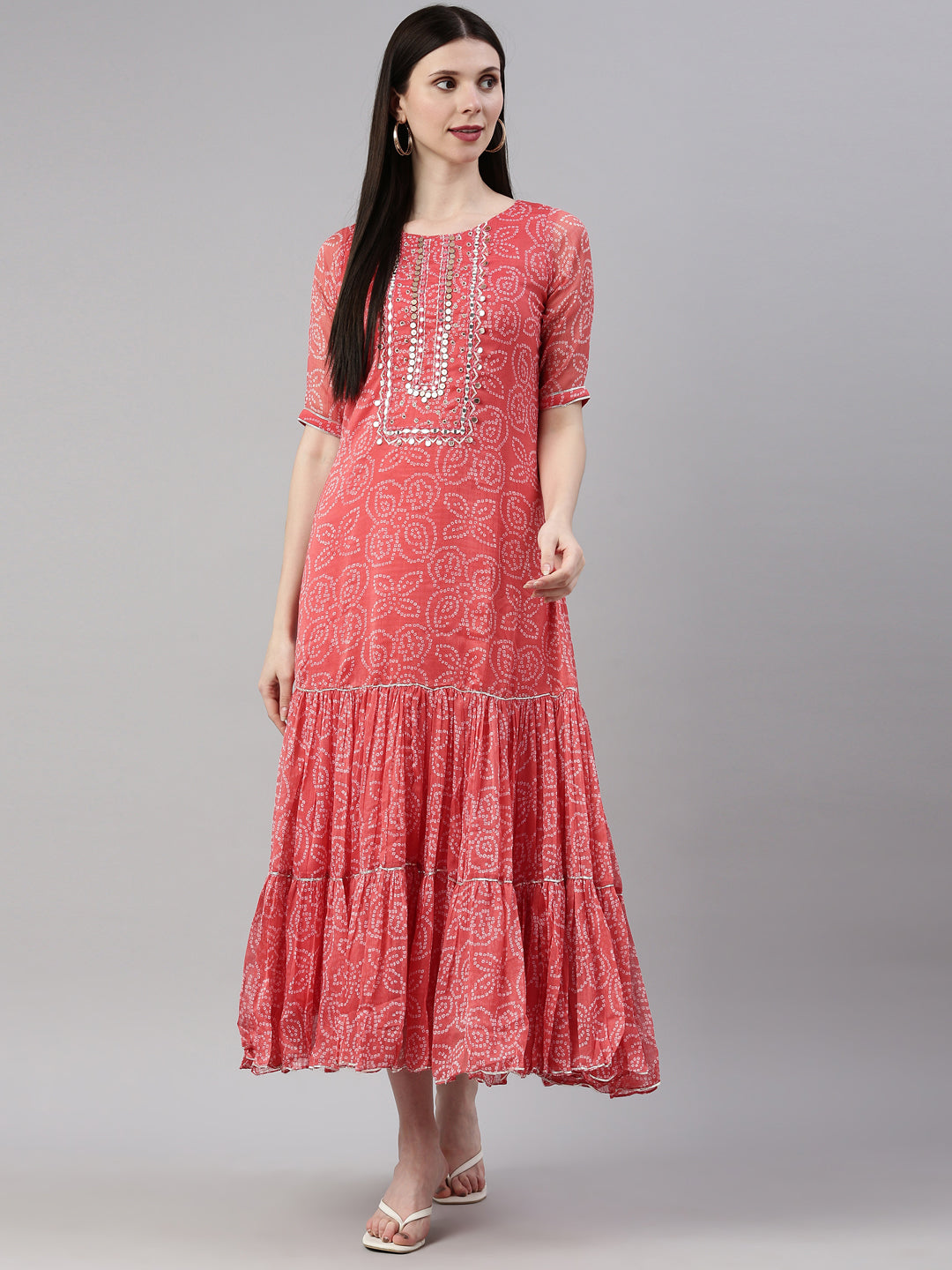 Neerus Carrot Color Georgette Fabric Kurta