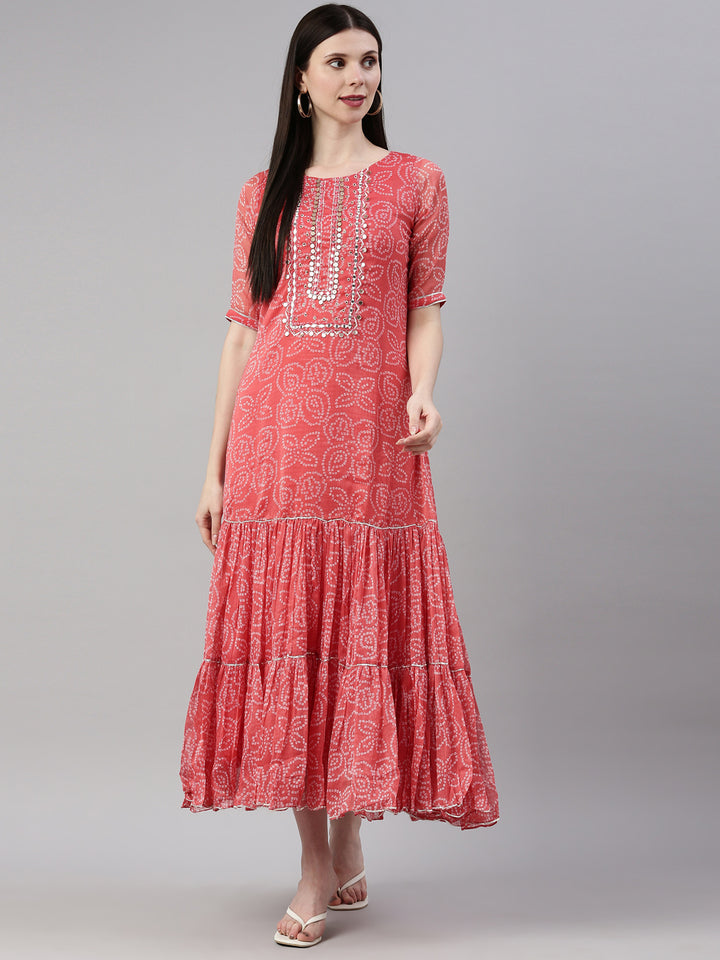 Neerus Carrot Color Georgette Fabric Kurta