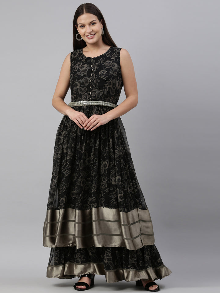 Neerus Black Color Georgette Fabric Gown