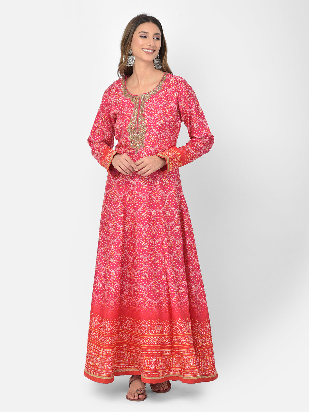 Neerus Pink silk embellished Anarkali kurta set - detail view 7