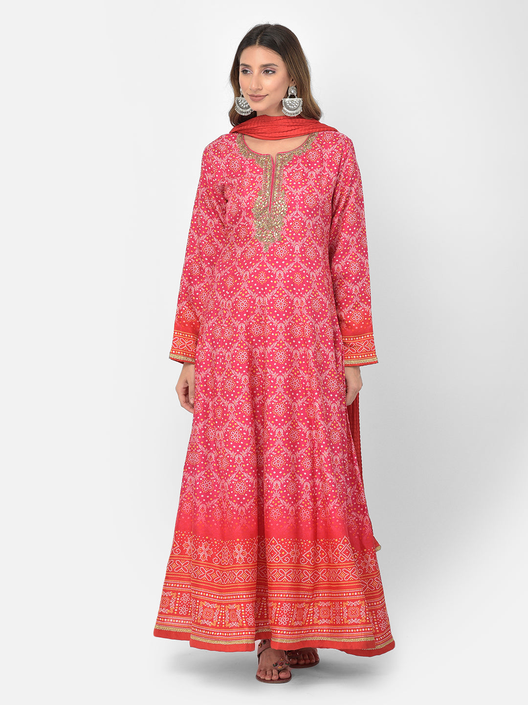 Neerus Pink silk embellished Anarkali kurta set - detail view 15
