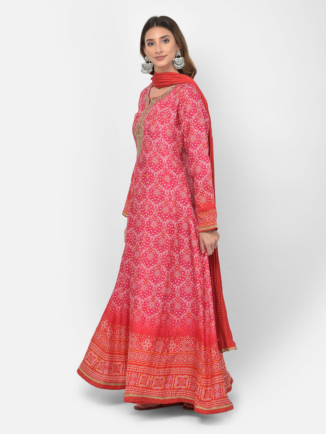 Neerus Pink silk embellished Anarkali kurta set - detail view 8