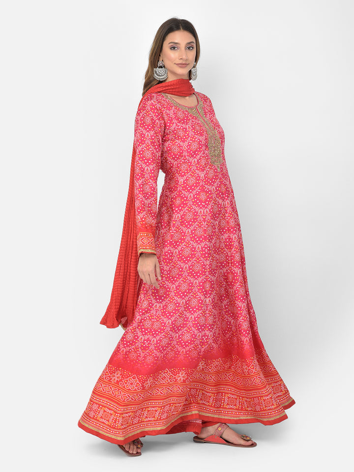 Neerus Pink silk embellished Anarkali kurta set - detail view 9