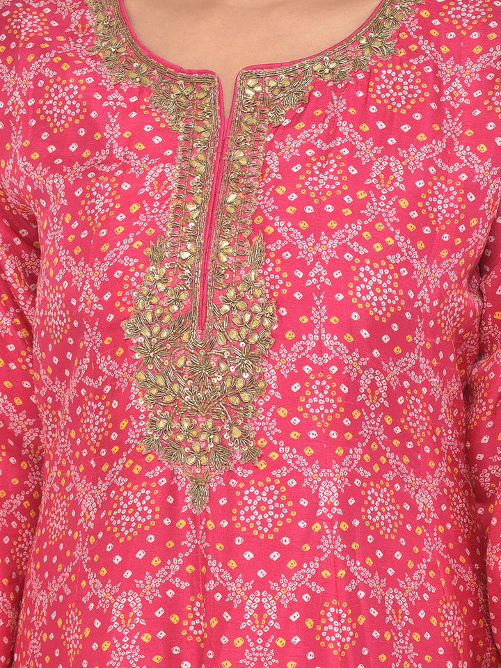 Neerus Pink silk embellished Anarkali kurta set - detail view 5