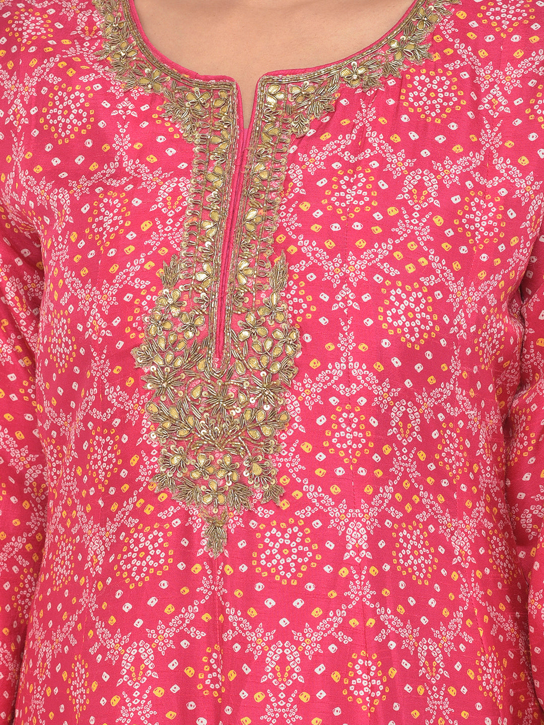 Neerus Pink silk embellished Anarkali kurta set - detail view 13