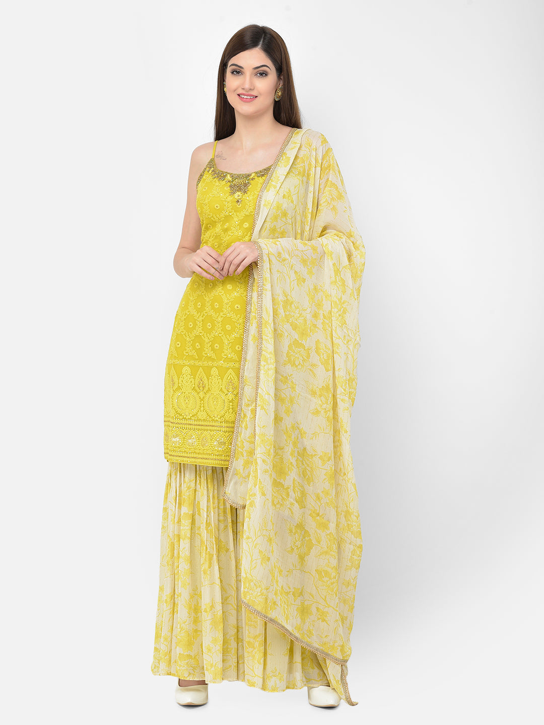 Neeru's'S Lime Color Georgette Fabric Suit-Gharara