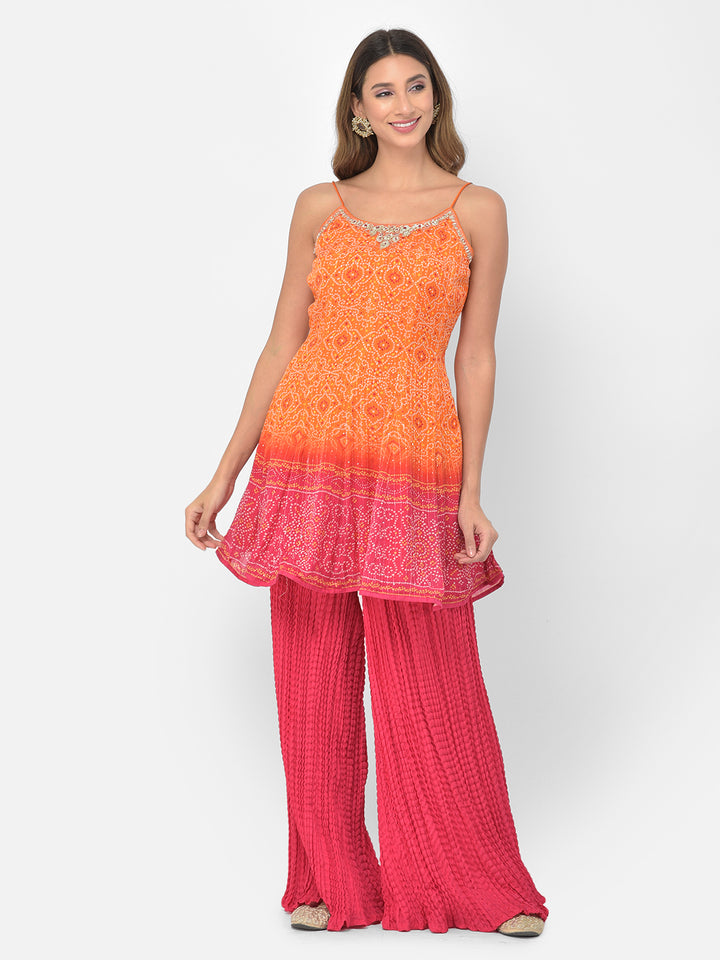 Neerus Orange silk Bandhani embellished kurta set - detail view 7
