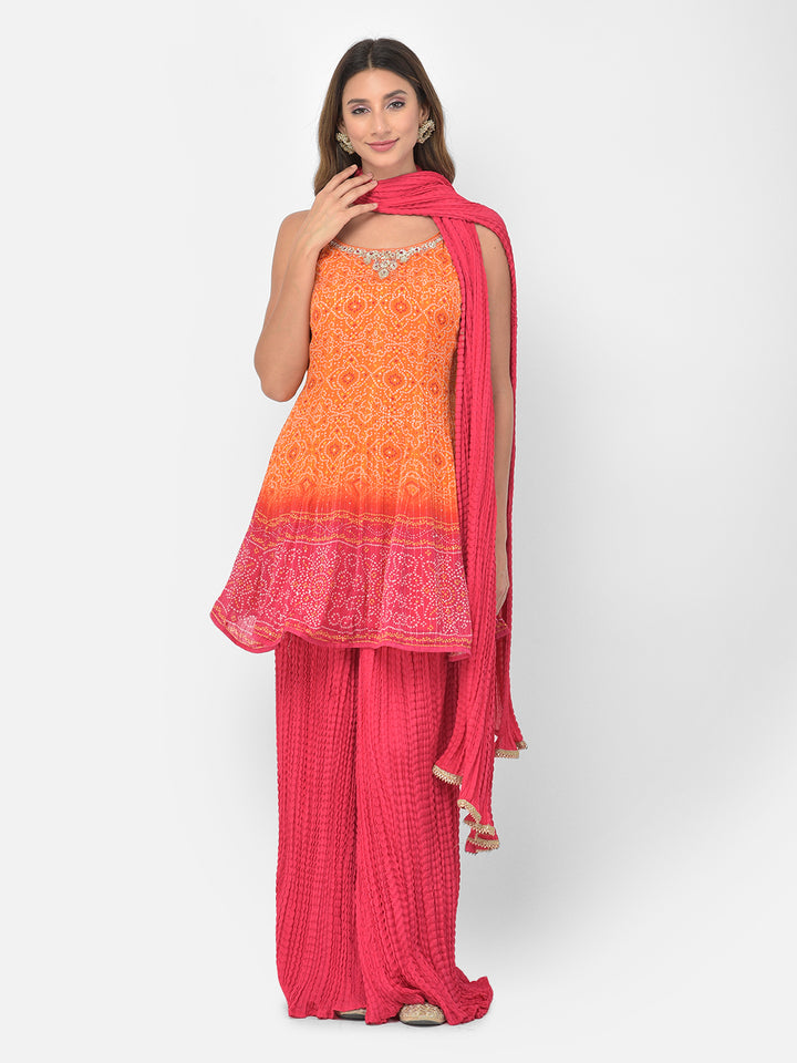 Neerus Orange silk Bandhani embellished kurta set - back view