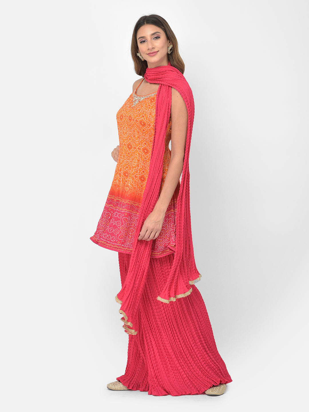 Neerus Orange silk Bandhani embellished kurta set - side view