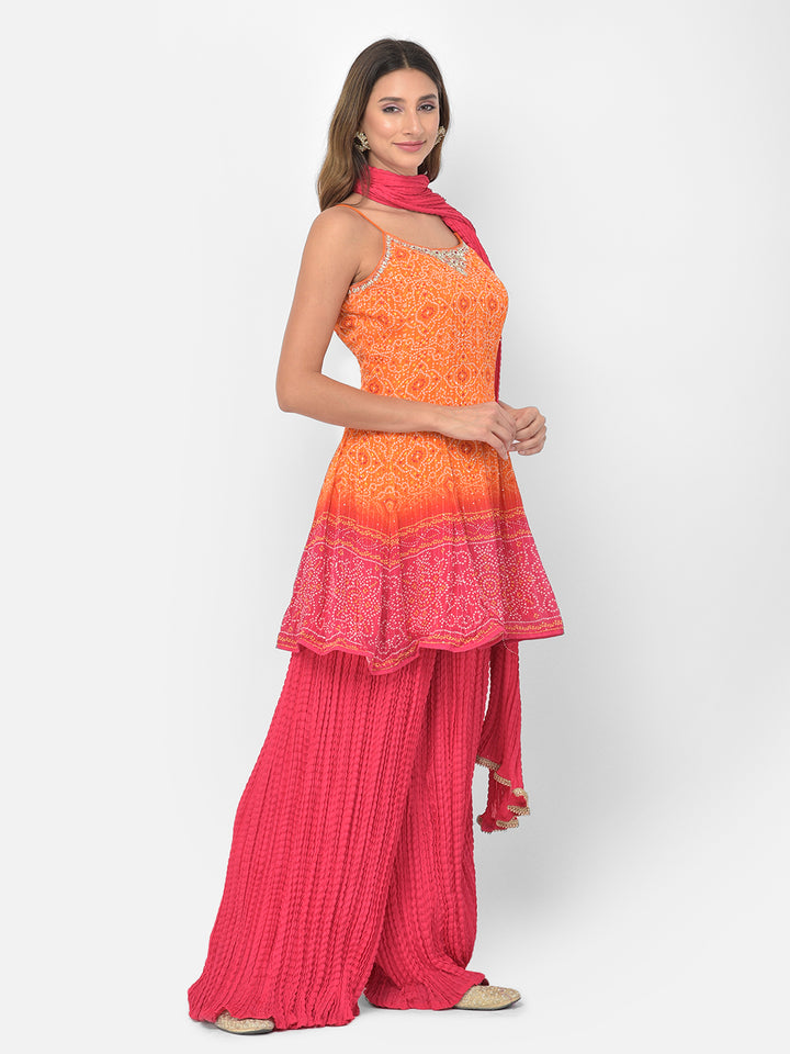 Neerus Orange silk Bandhani embellished kurta set - detail view 1