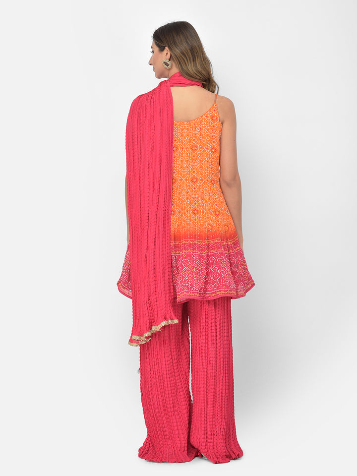 Neerus Orange silk Bandhani embellished kurta set - detail view 10
