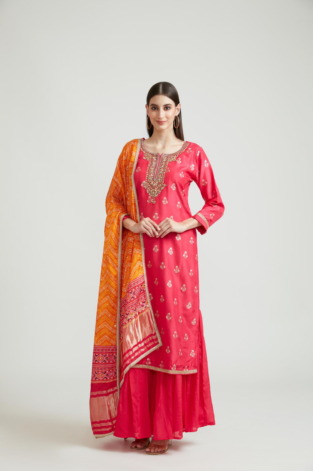 Neerus Pink Banarasi woven anarkali suit set - front view