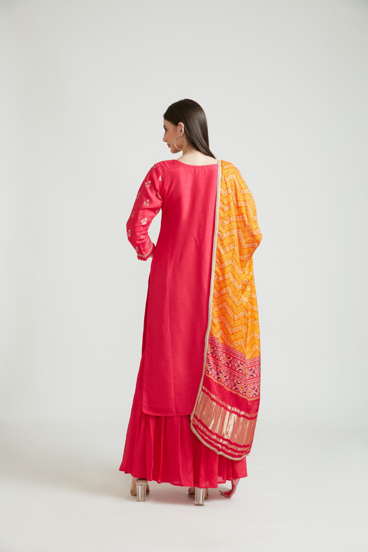 Neerus Pink Banarasi woven anarkali suit set - side view