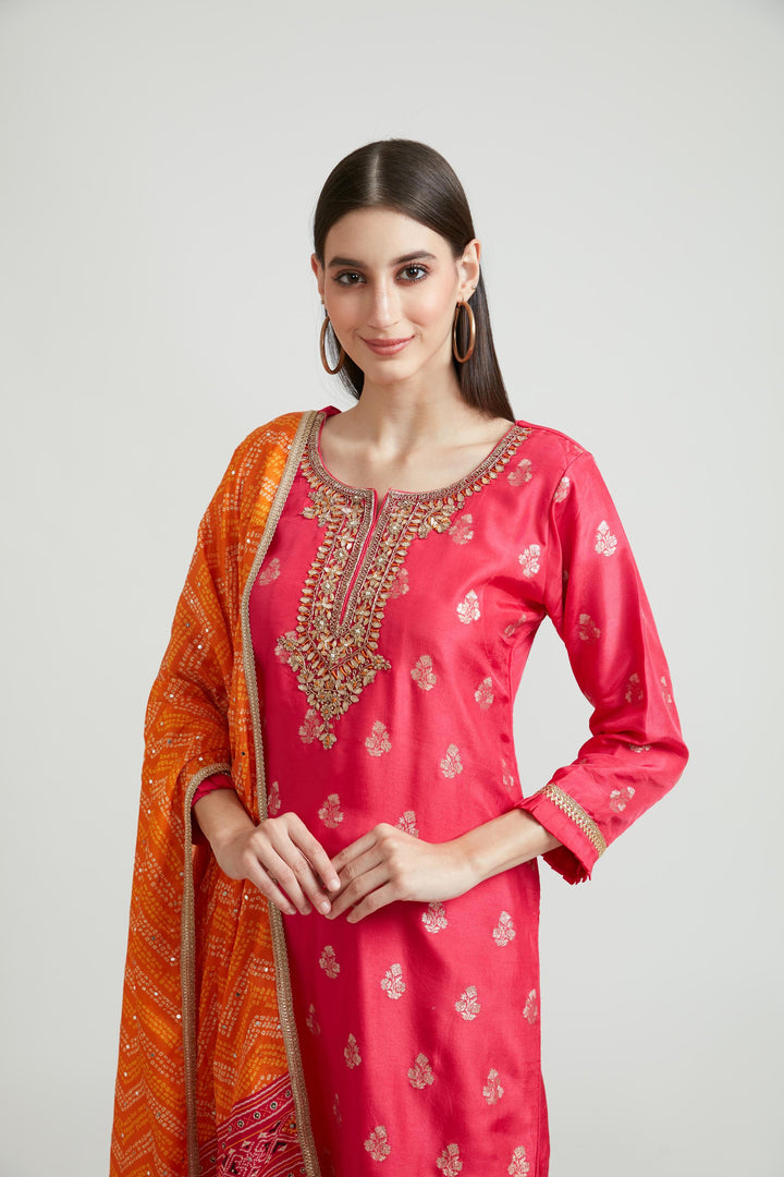 Neerus Pink Banarasi woven anarkali suit set - detail view 4