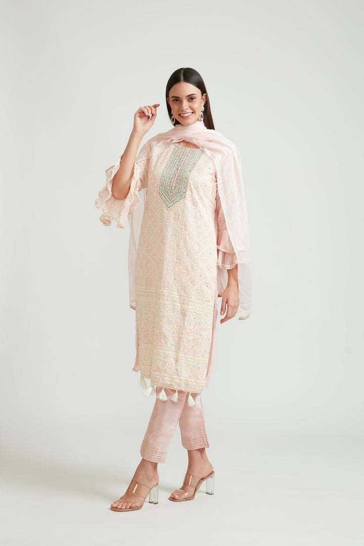 Neerus Baby Pink Color Georgette Fabric Kurta Set