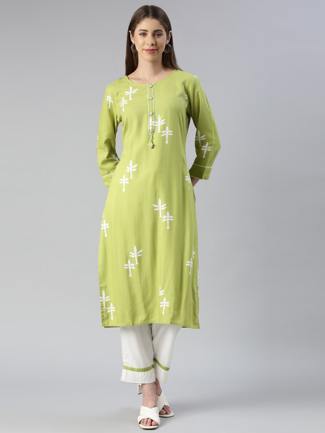 Neerus Women Green Printed Calf Length Kurta And Trousers