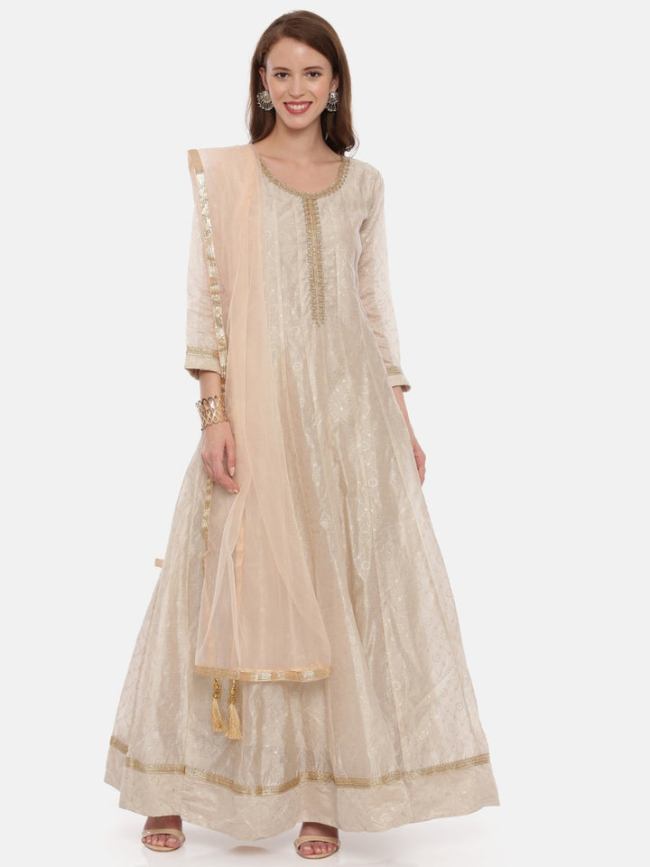 Neerus Beige Color Chanderi Fabric Full Sleeves Suit-Anarkali