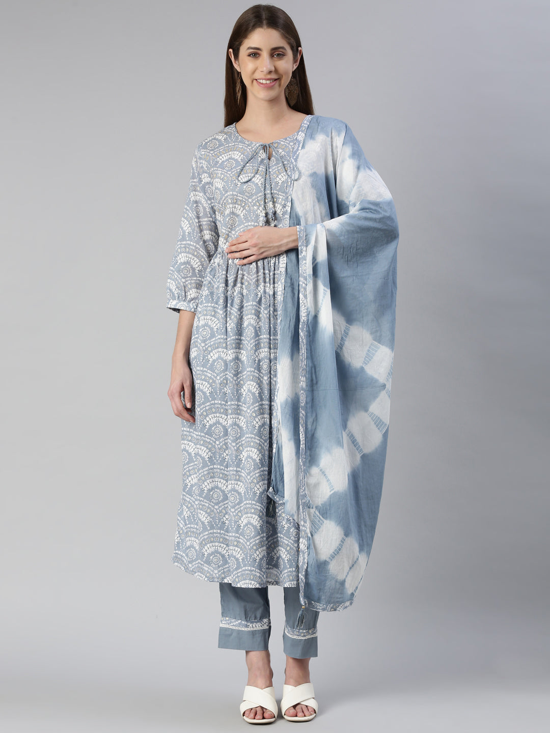 Neerus Blue cotton solid kurta set with trouser and dupatta - front view