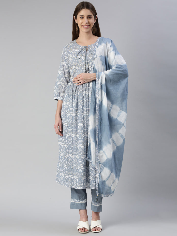 Neerus Blue cotton solid kurta set with trouser and dupatta - front view
