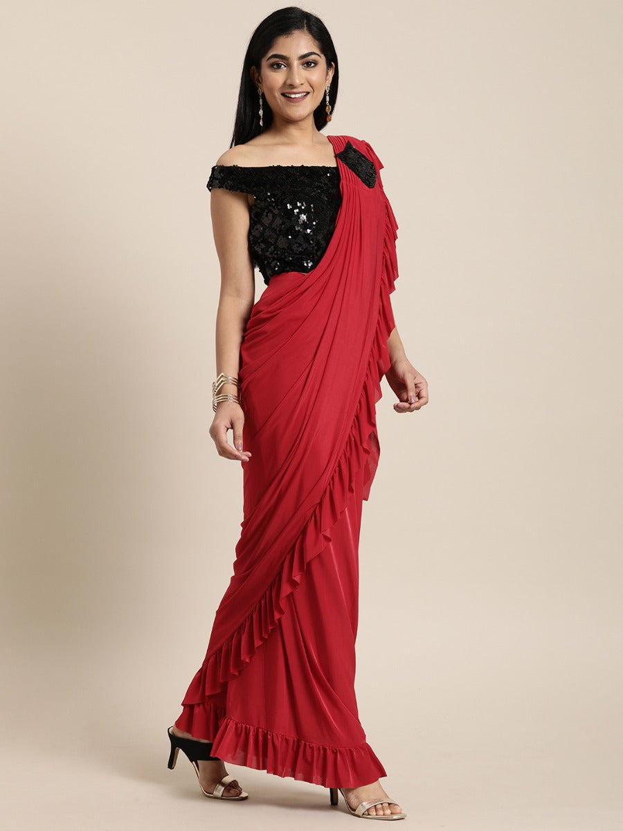 Neerus Red Solid Ready To Wear Saree With Blouse